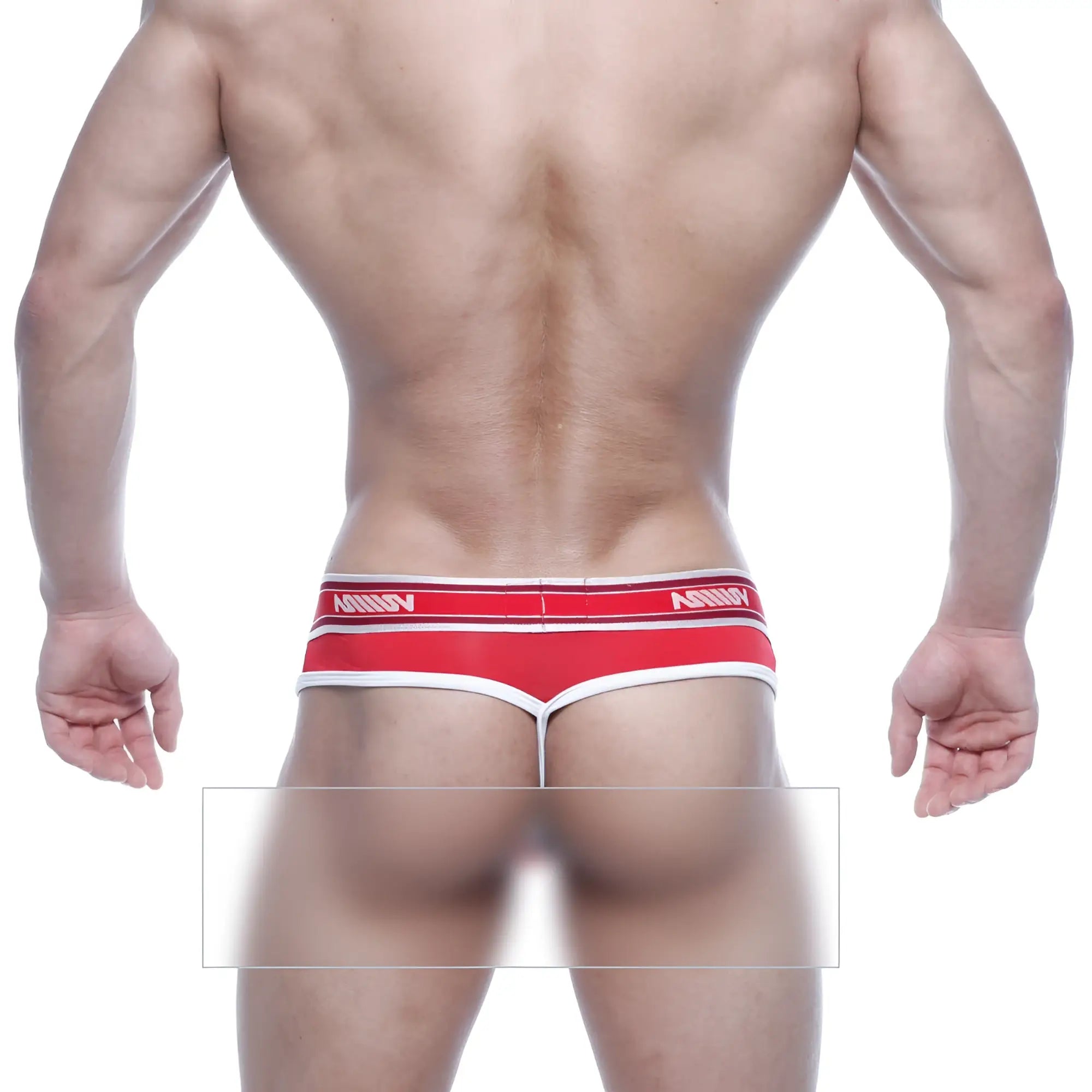 Red and white MetroMaleWear Loreto G-string with sleek minimalist design and bold manny logo on waistband