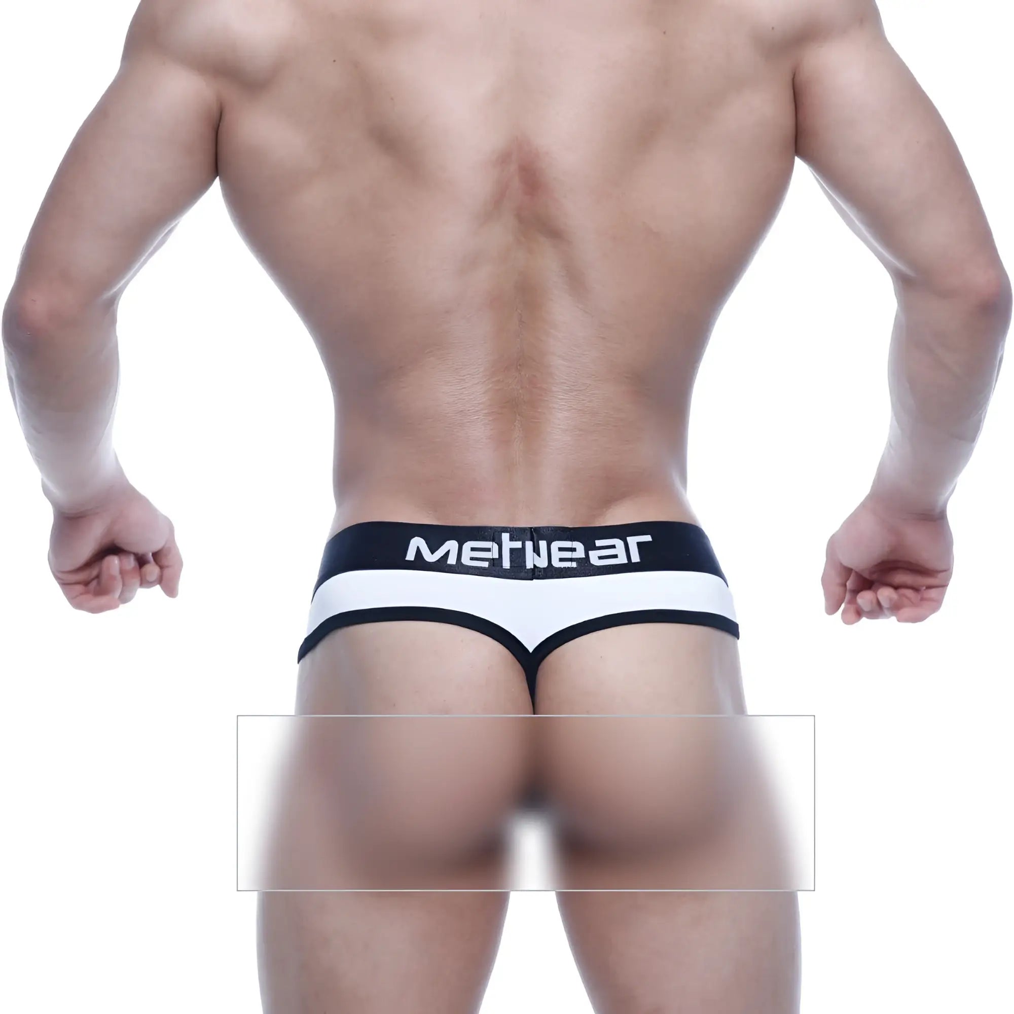 Black and white men’s thong with mefnear branded waistband metro male wear loreto g-string white 2722-00 back view