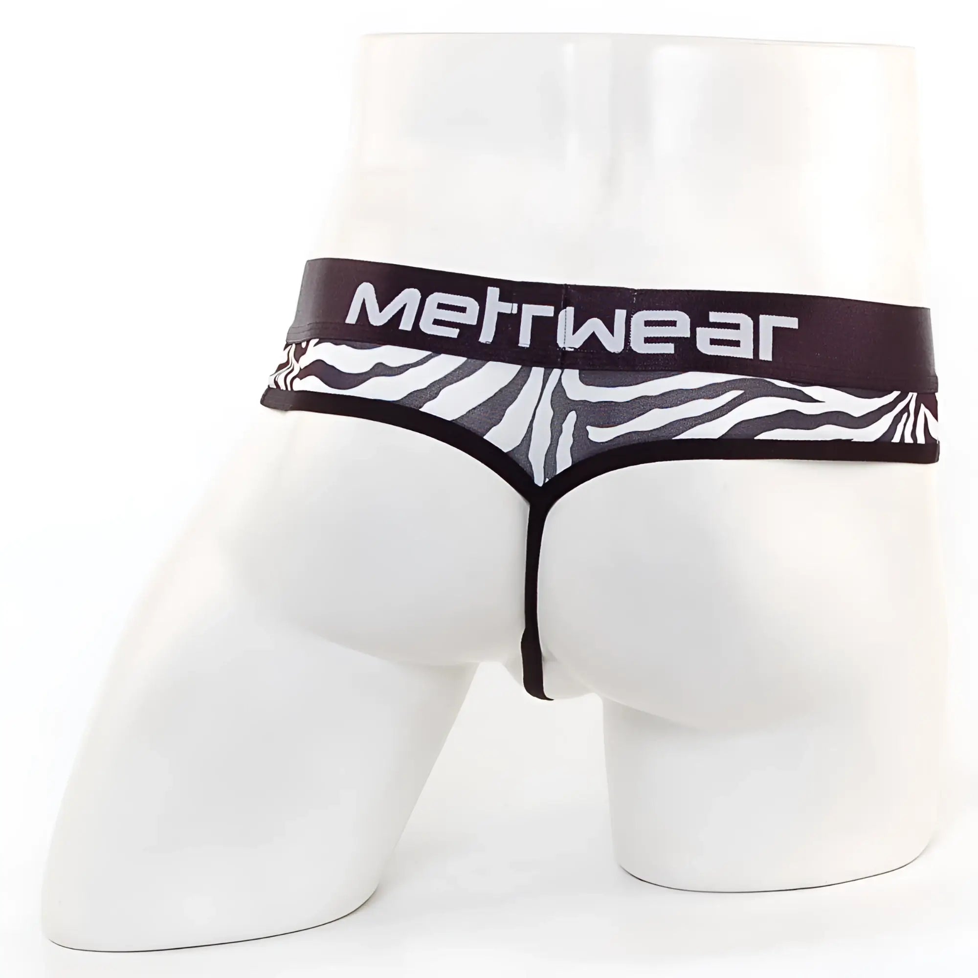 MetroMaleWear Loreto G-string zebra in black and white zebra print with solid black waistband and brand name in white