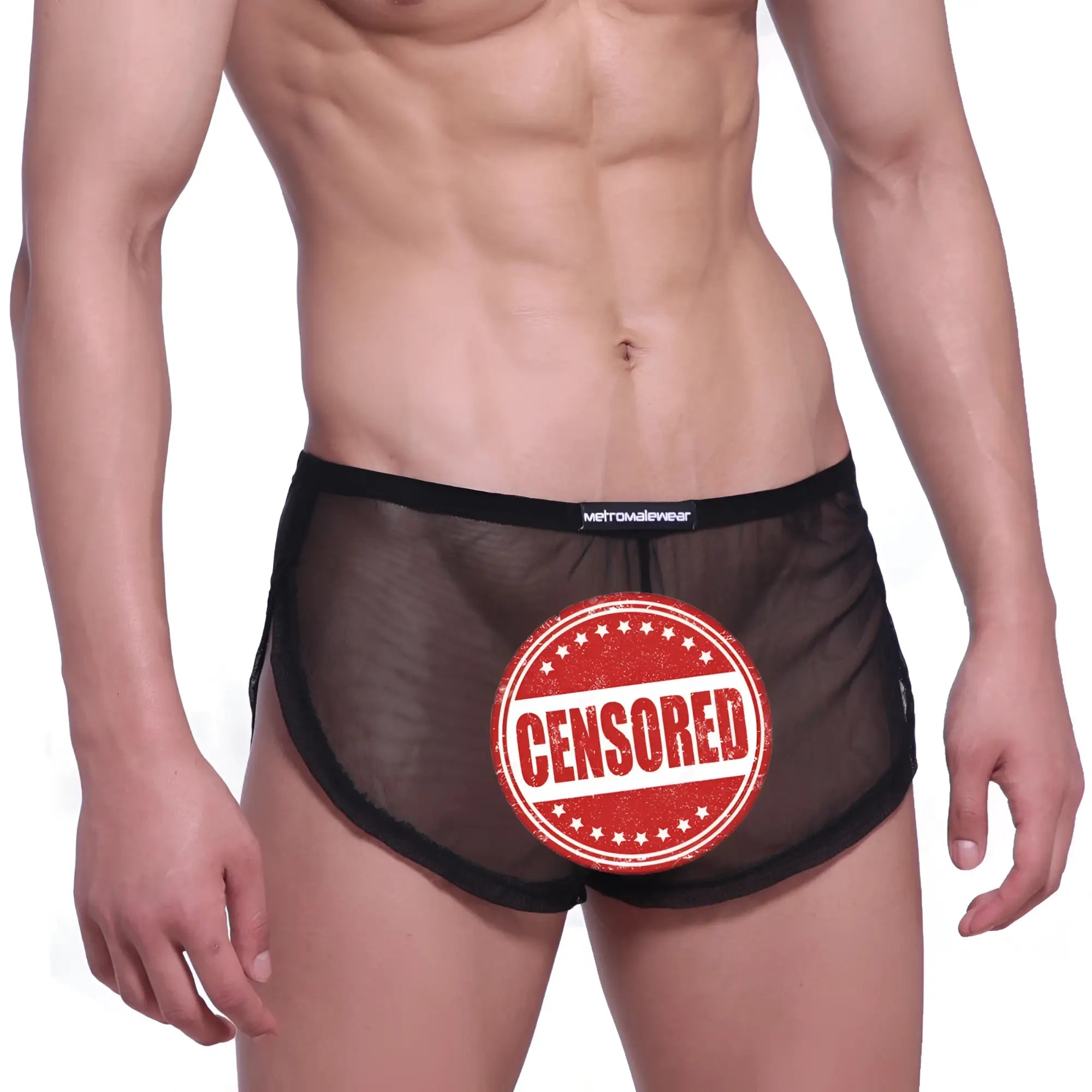 Black sheer mesh briefs with a black elastic waistband branded metromalewear from the metroMalewear lounge split boxer line