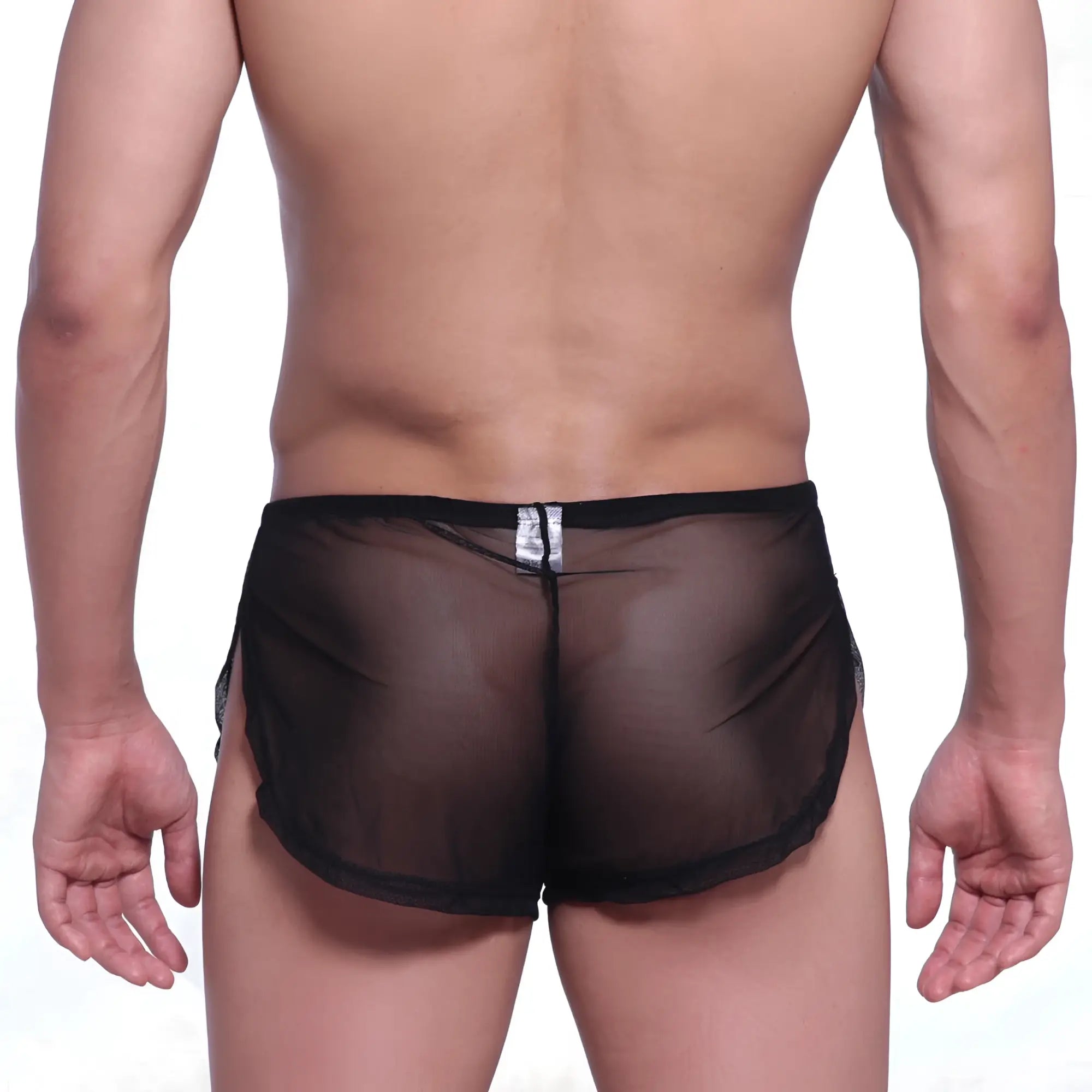 Metroamalewear lounge split boxer black mesh briefs with sheer mesh fabric and solid waistband and side panels