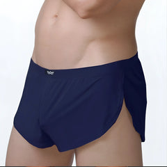 Navy blue metro male wear lounge split boxer briefs with sleek form-fitting design and side slits for comfort