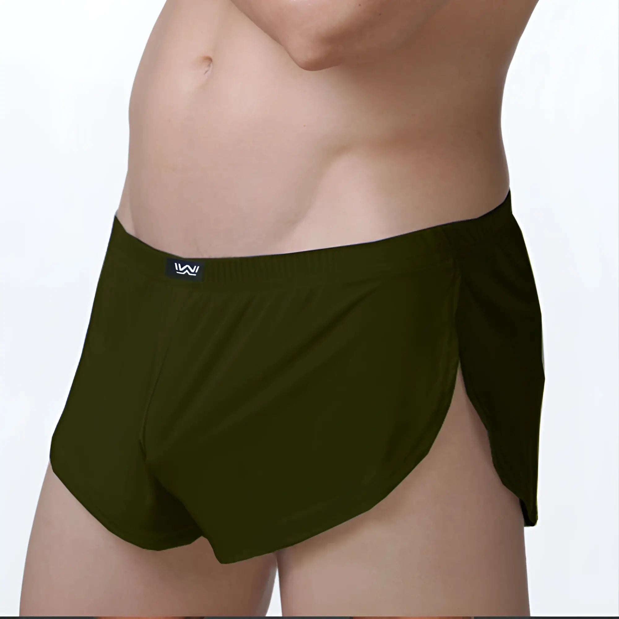 Dark olive green metro male wear lounge split boxer briefs with sleek fit and black logo waistband in athletic style