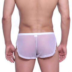 White sheer mesh lounge split boxer briefs with a solid white waistband from MetroMaleWear