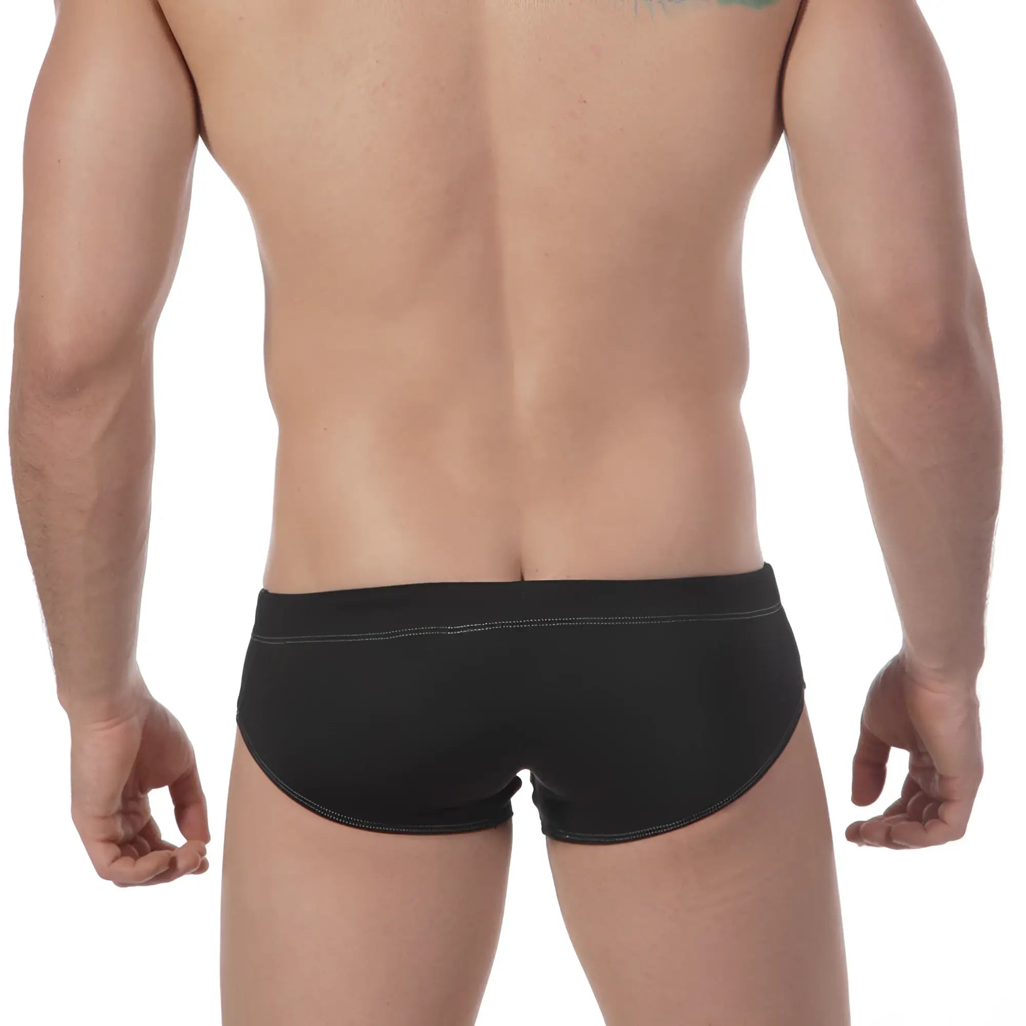 MetroMaleWear lowrise swim brief black with contrasting white stitching on waistband and leg openings in front view
