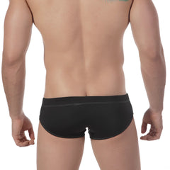 MetroMaleWear lowrise swim brief black with contrasting white stitching on waistband and leg openings in front view