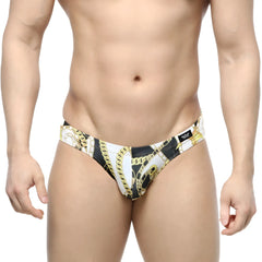 MetroMaleWear Lujo Bikini black swim trunks with bold gold chain pattern in black and white for stylish beachwear