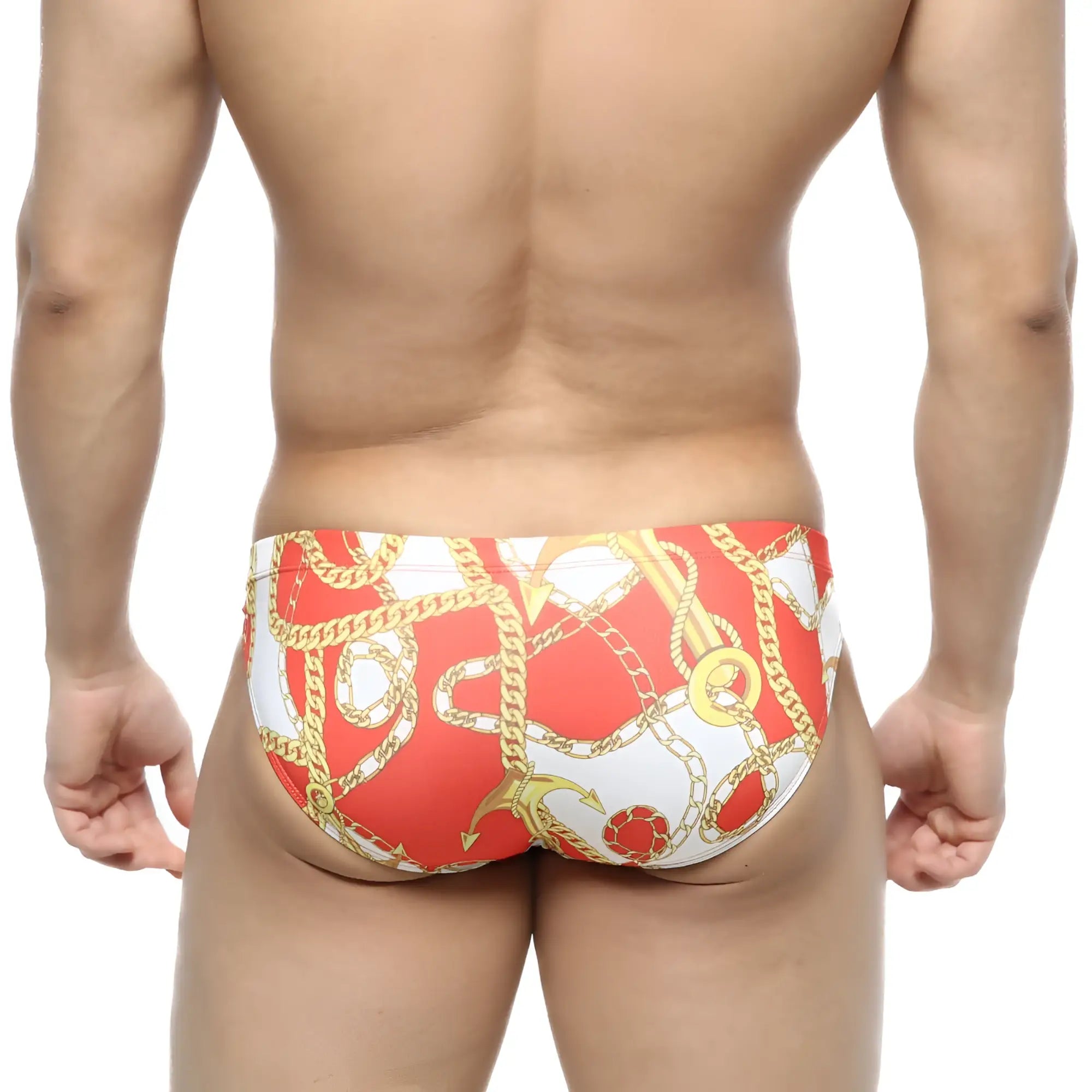 MetroMaleWear Lujo bikini red swim trunks with bold gold chain and anchor pattern in red and white colors