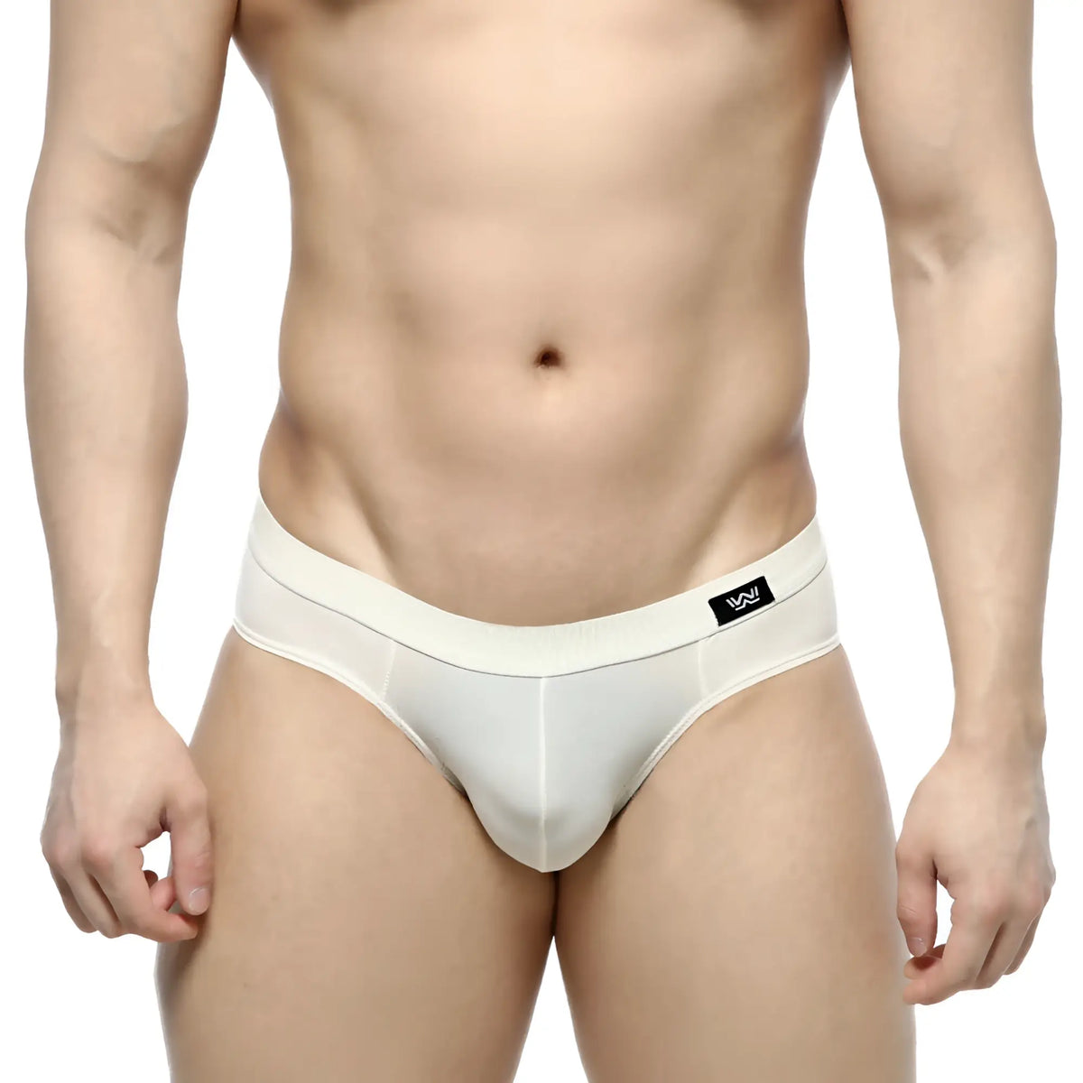 White mesh briefs with solid waistband and black logo tag from metromalewear lupin bikini 5103-06 collection