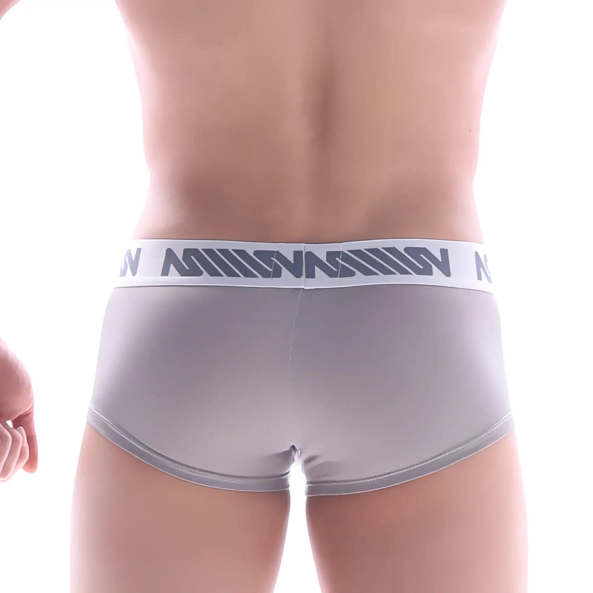Gray men’s briefs metro male wear lux short boxer with white elastic waistband and dark gray n logo pattern
