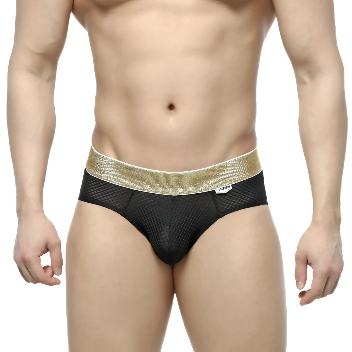 MetroMaleWear luxury hip brief black mesh with a shimmering gold waistband for stylish men’s underwear