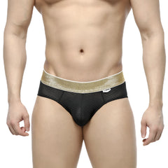 MetroMaleWear luxury hip brief black mesh with a shimmering gold waistband for stylish men’s underwear
