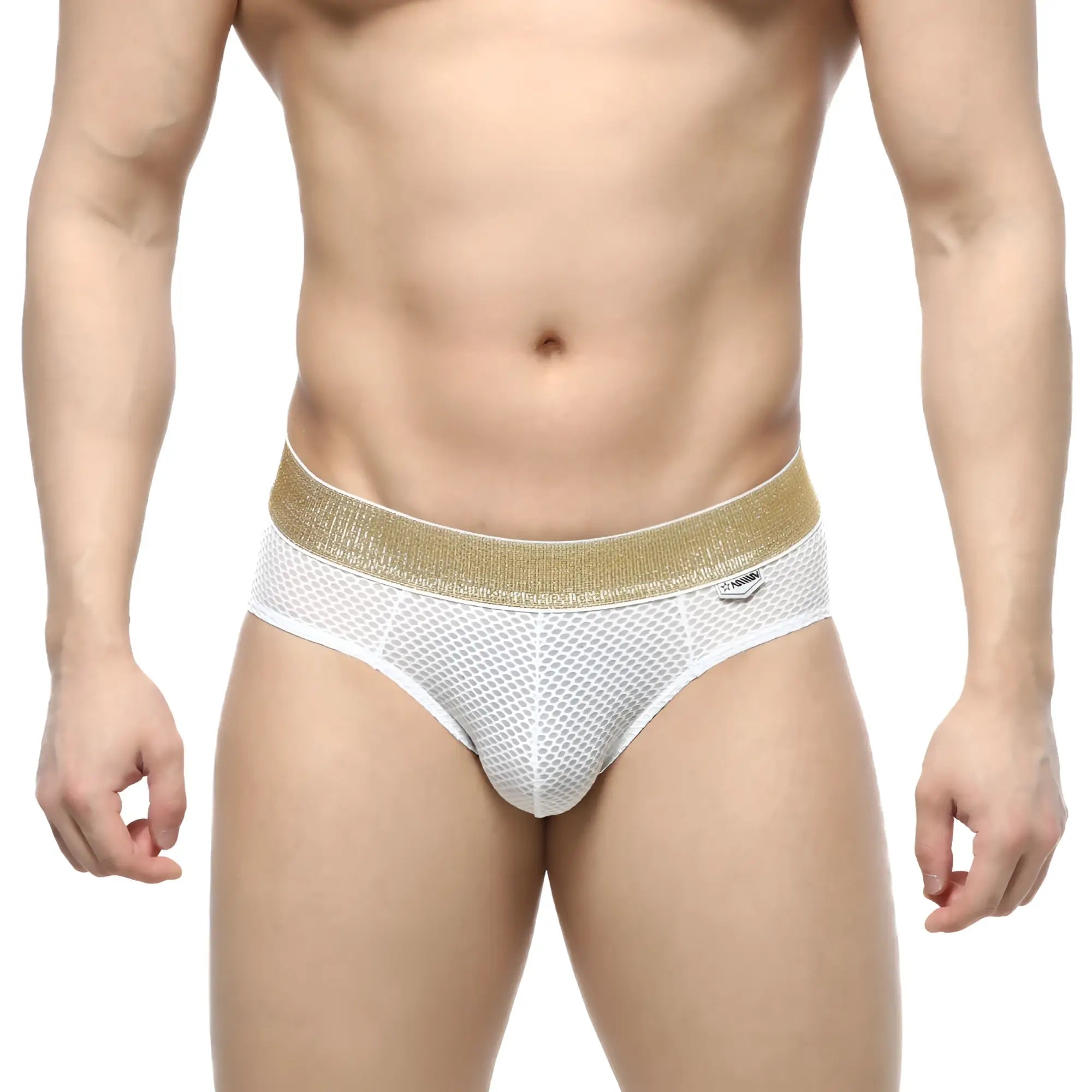 White mesh briefs with shimmering gold waistband from metromalewear luxury hip brief 5003-06 collection