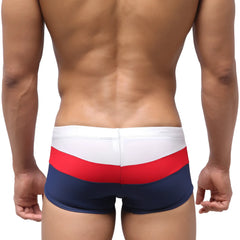 Men’s metroMalewear lycos swim trunks with bold red white and navy blue horizontal stripes for casual beachwear