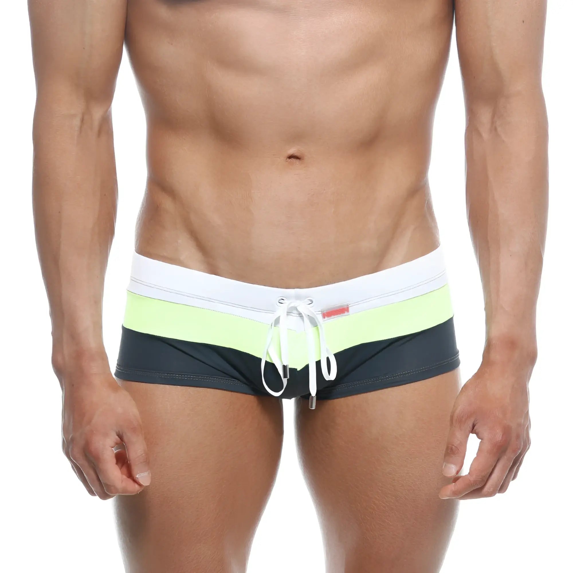 MetroMaleWear lycos men’s swim trunks with white waistband lime green and black stripes and white drawstring ties