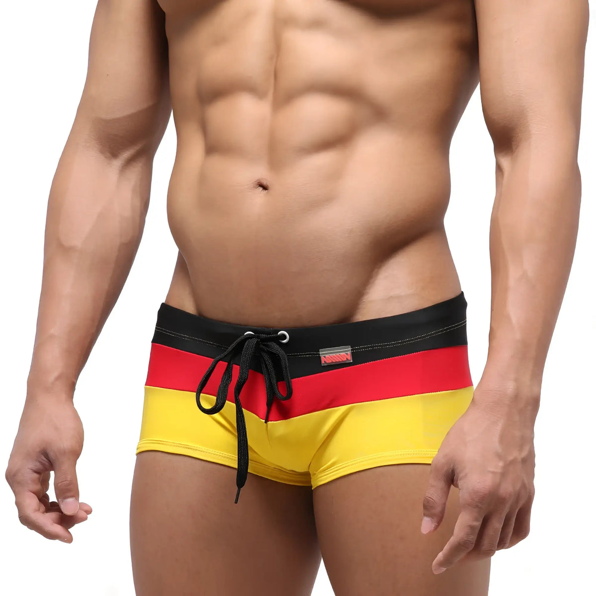 MetroMaleWear Lycos swim trunk yellow 4938-15 with Germany-themed bold black red and yellow stripes and drawstring waistband