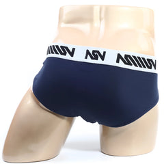 MetroMalewear m25 hip brief in dark blue with white elastic waistband and black asv branding visible on the front