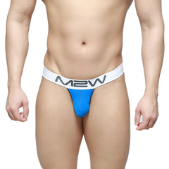 Blue m2w MetroMaleWear pocket thong briefs with white waistband and gray m2w logo in azul color 3202-18