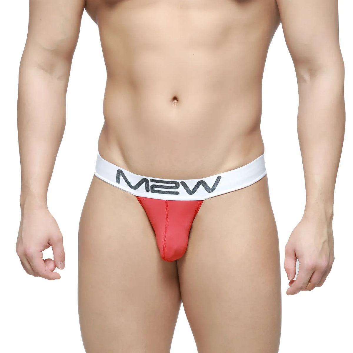 Red m2w brand pocket thong in red with white waistband featuring black lettering for metro male wear 3202-12