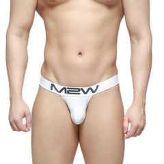 White metroMaleWear m2w pocket thong with gray logo on waistband showing front side