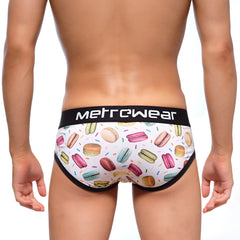 White briefs with colorful macaron pattern and black trim featuring metrowear brand on waistband metroMalewear 9003-32