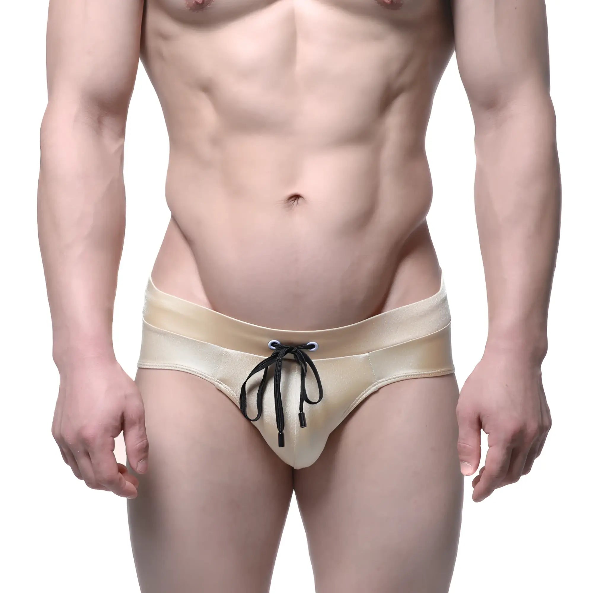 Beige satin briefs with black drawstring ties metro male wear madrid swim brief gold 4973-21