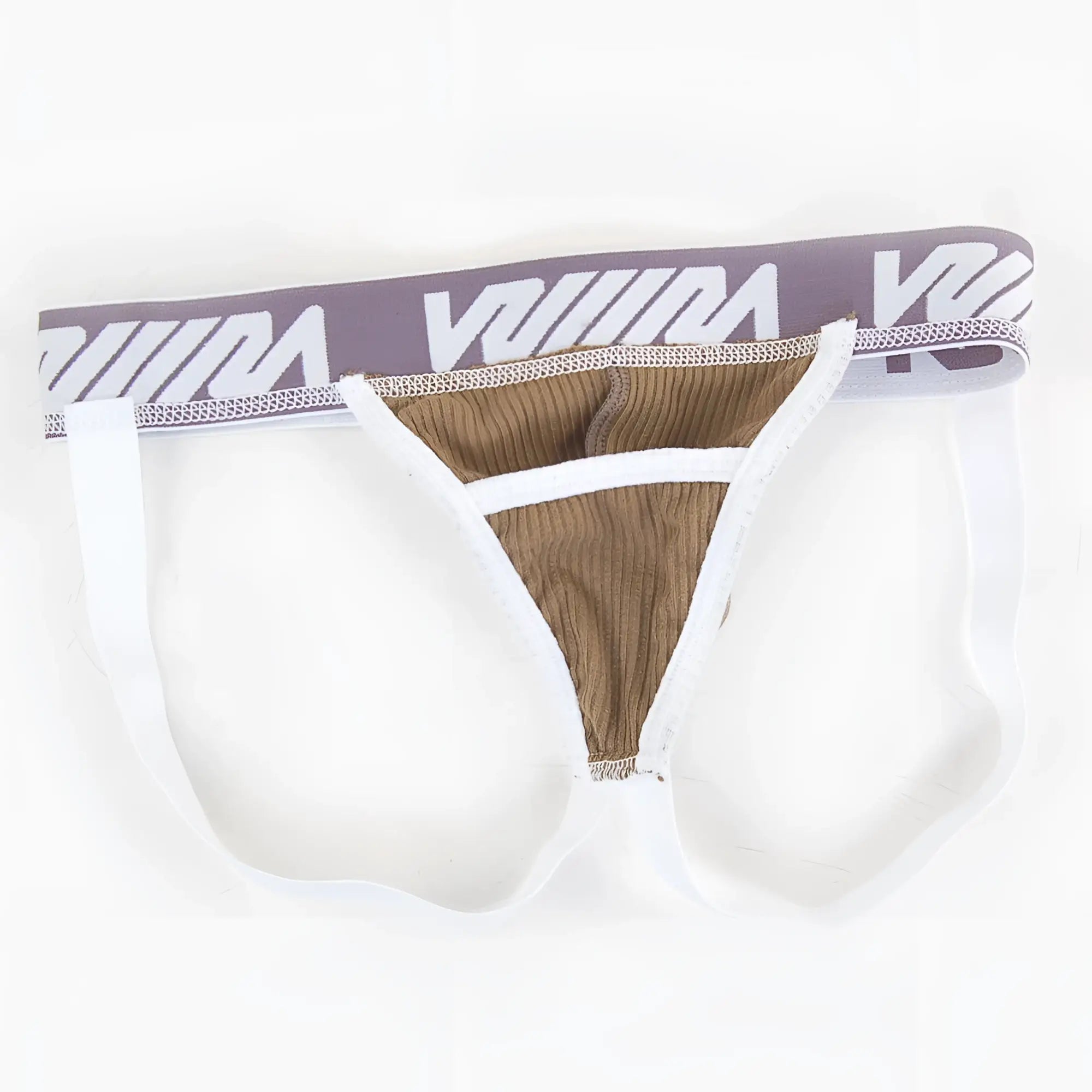 White and taupe metroMalewear magic jock strap briefs with ribbed interior and gray viiim logo waistband