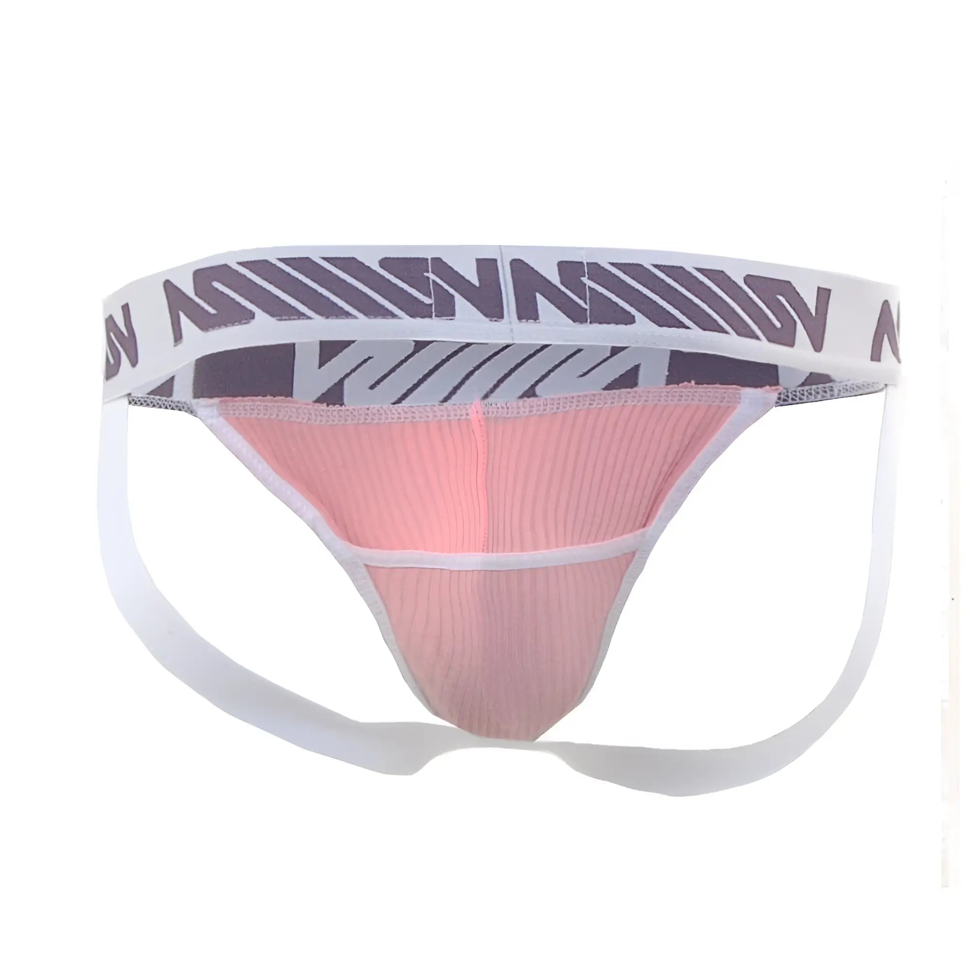 Pink ribbed athletic briefs with a white waistband and bold purple gray geometric logo pattern by MetroMaleWear