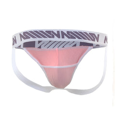 Pink ribbed athletic briefs with a white waistband and bold purple gray geometric logo pattern by MetroMaleWear