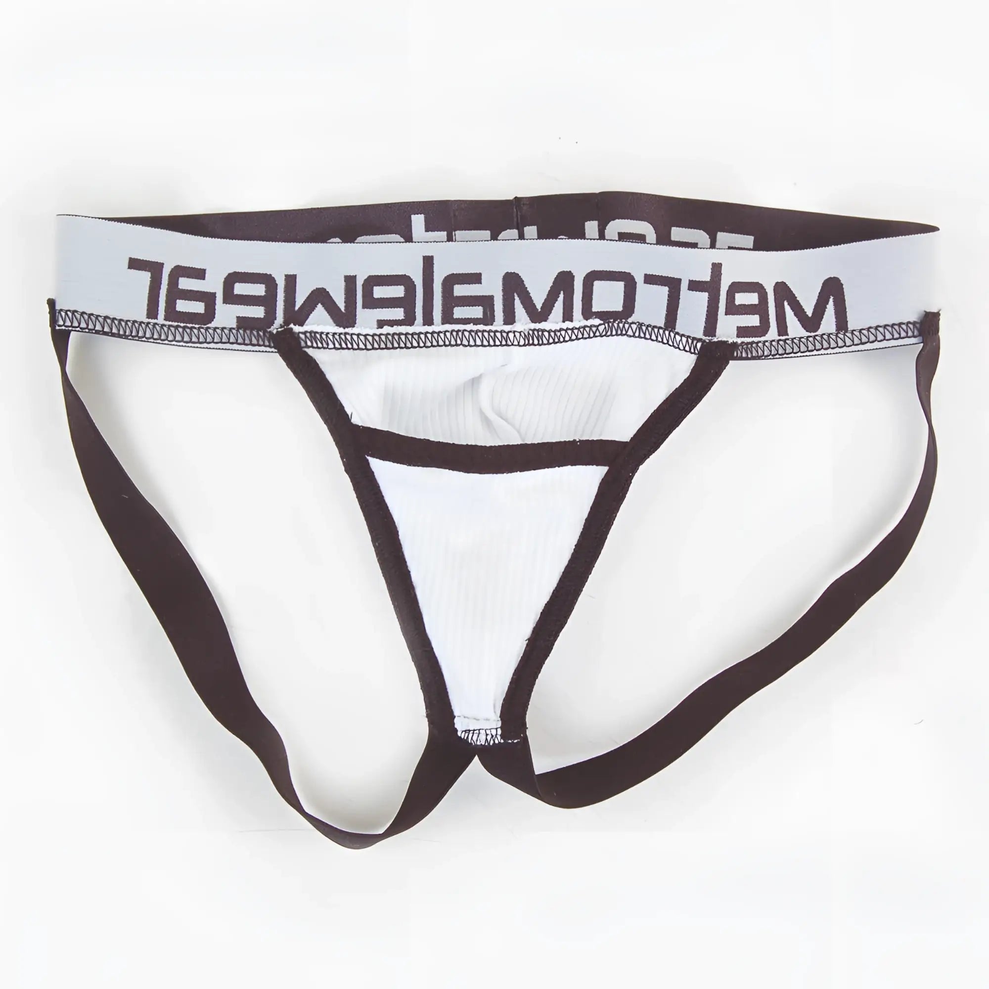 White and black ribbed men’s briefs with meltomg waistband branding metroMaleWear magic jock strap white 2911-00