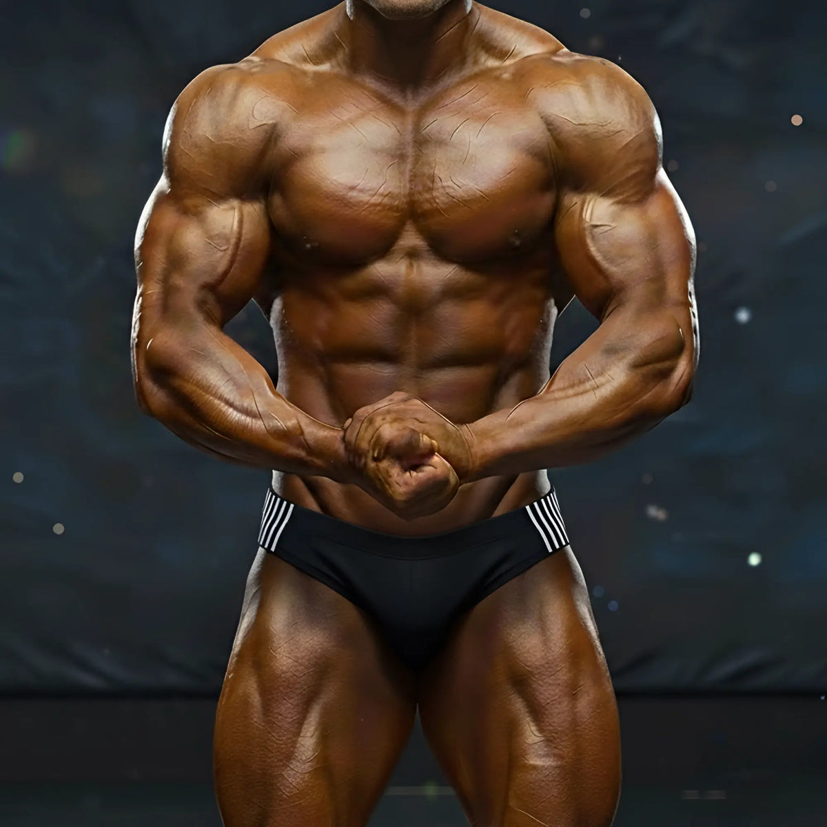 A muscular male bodybuilder wearing black MetroMaleWear magnetic swim bikini 4937-40 with white waistband stripes