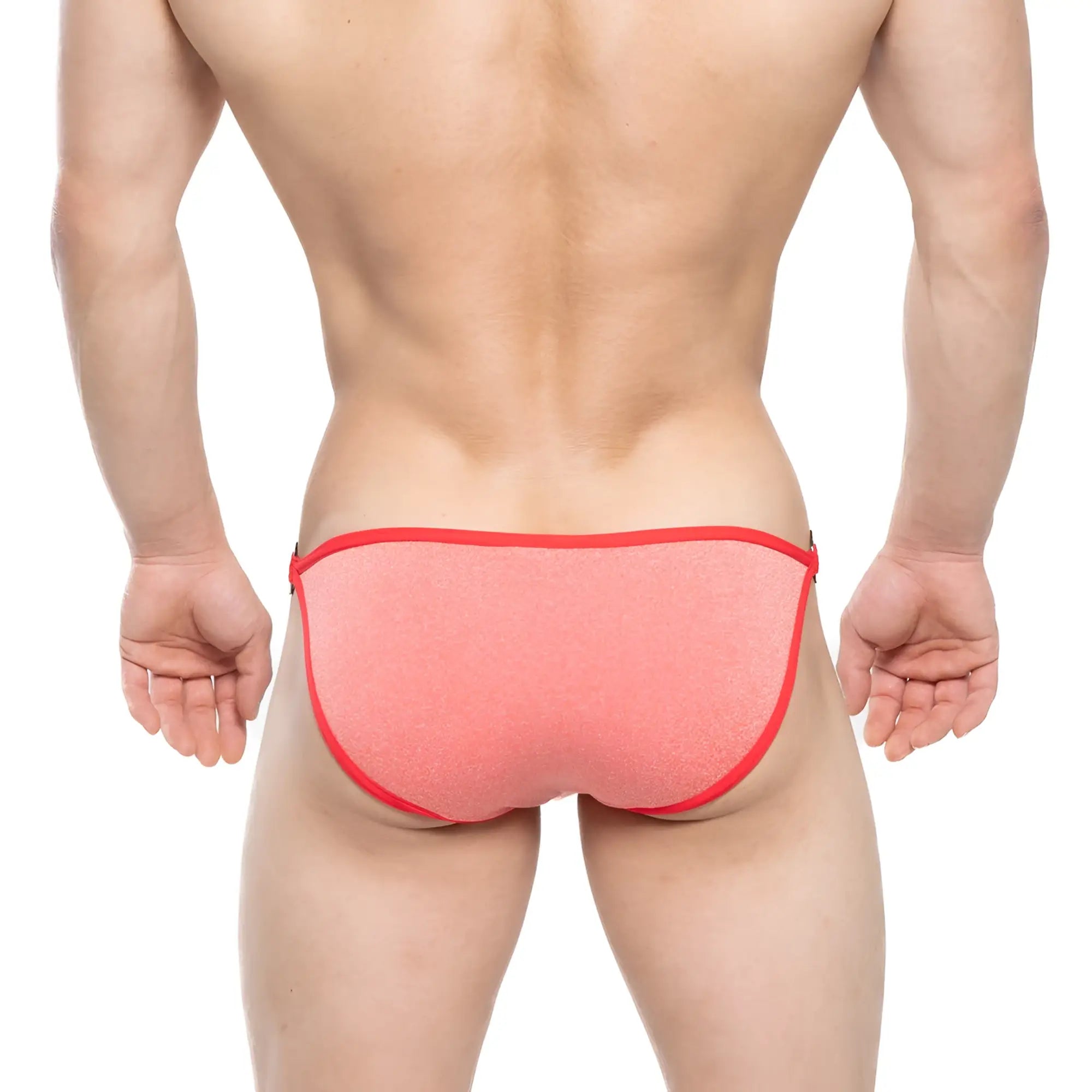 A coral-colored textured brief with bold red trim from metromalewear mahana bikini orange 6204-14 collection