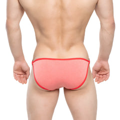 A coral-colored textured brief with bold red trim from metromalewear mahana bikini orange 6204-14 collection