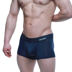 Navy blue athletic boxer briefs with black waistband featuring annuy branding from metromalewear maintenant series