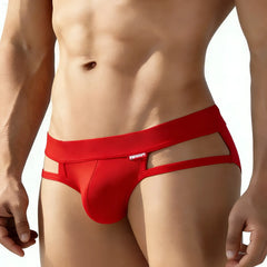 Red form-fitting men’s MetroMaleWear Malibu Brief 6625-12 with bold red waistband and side cutouts