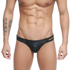Black leather-like swim trunks with gold branding on waistband metroMalewear malon bikini black 3603-29 front view