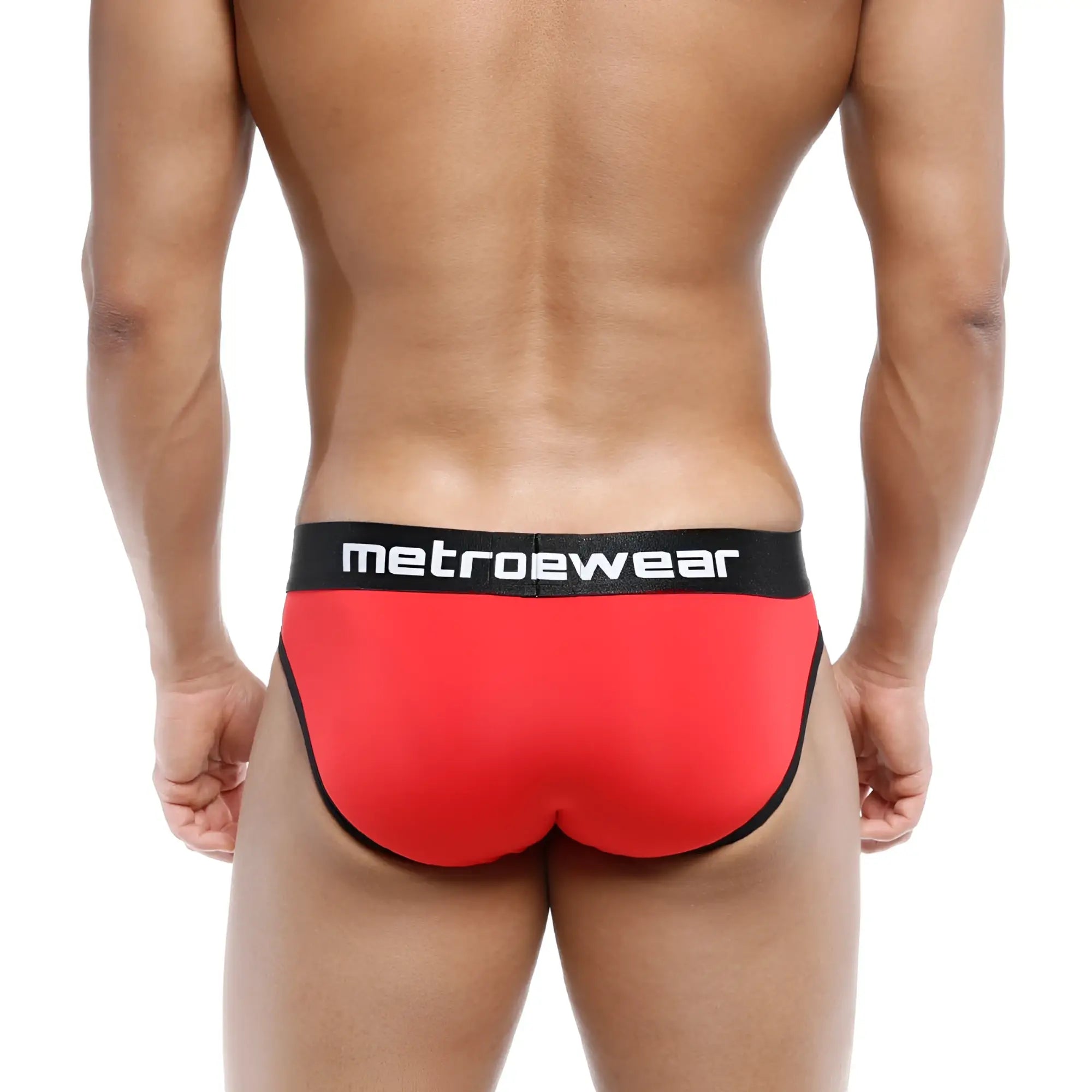 Metro male wear martini brief red 3103 12 in red with black trim and waistband showing front side