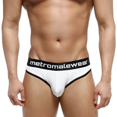 White men’s briefs with black trim and a contrasting metromalewear logo band metro ismartini brief 3103-00