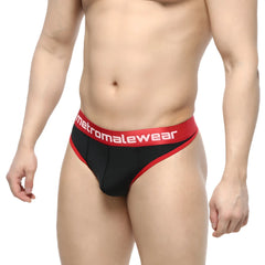 Black and red metromalewear briefs with bold contrasting waistband showing front design martini thong 2112-20