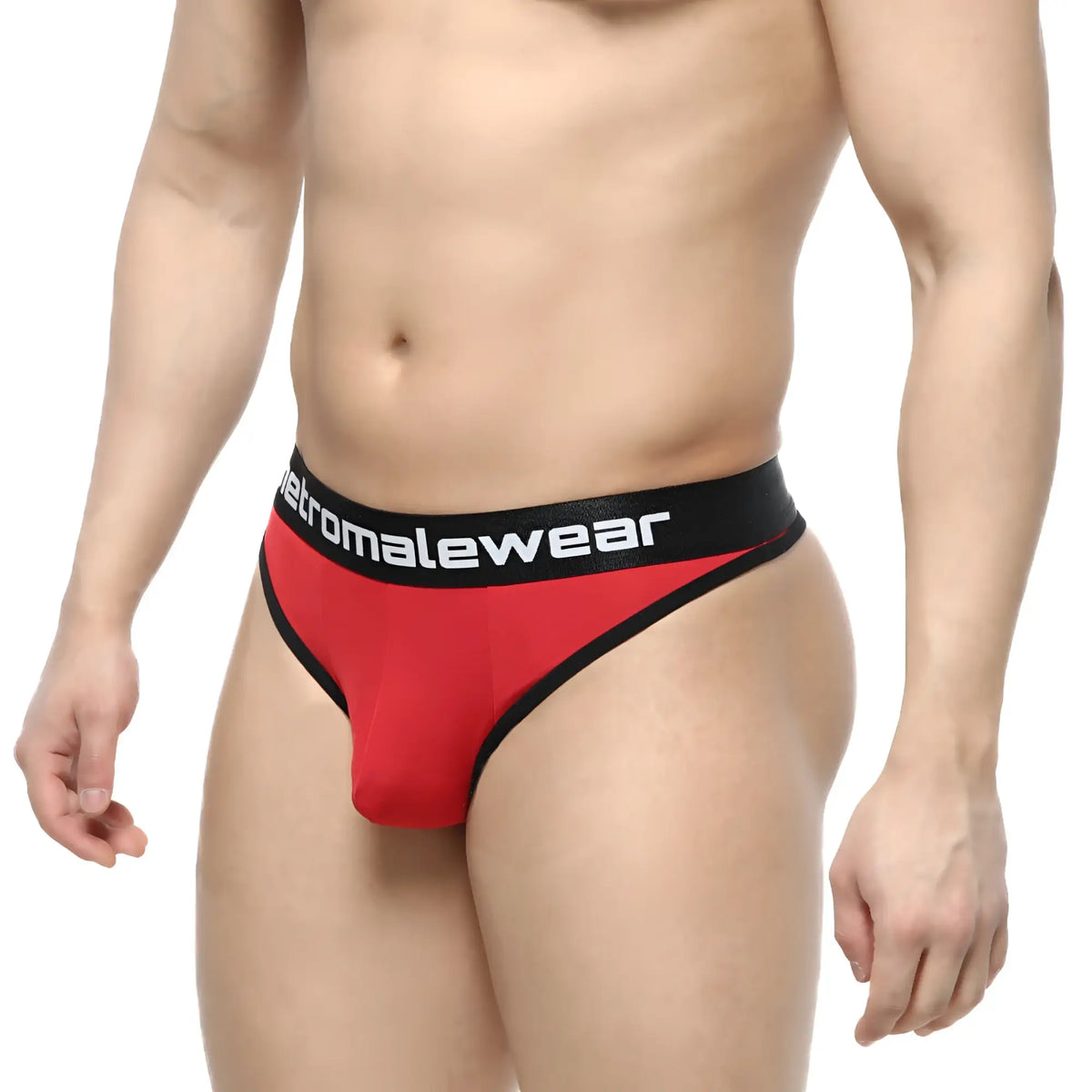 Red and black men’s thong with metromalewear branded waistband made of soft fabric for comfortable wear