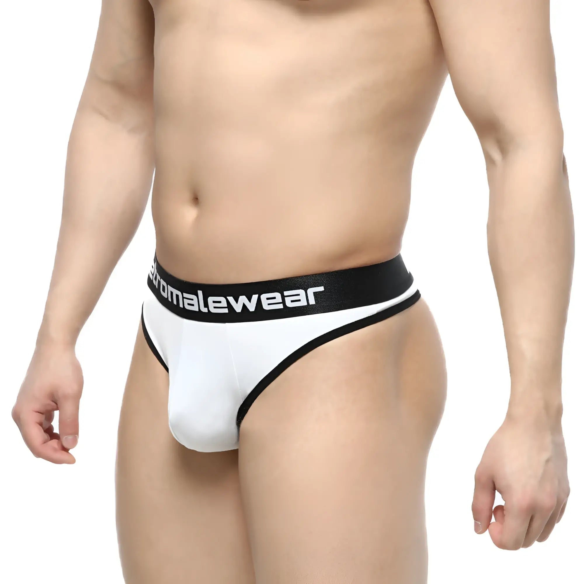 White MetroMaleWear Martini thong briefs with black trim and branded waistband for comfortable daily wear
