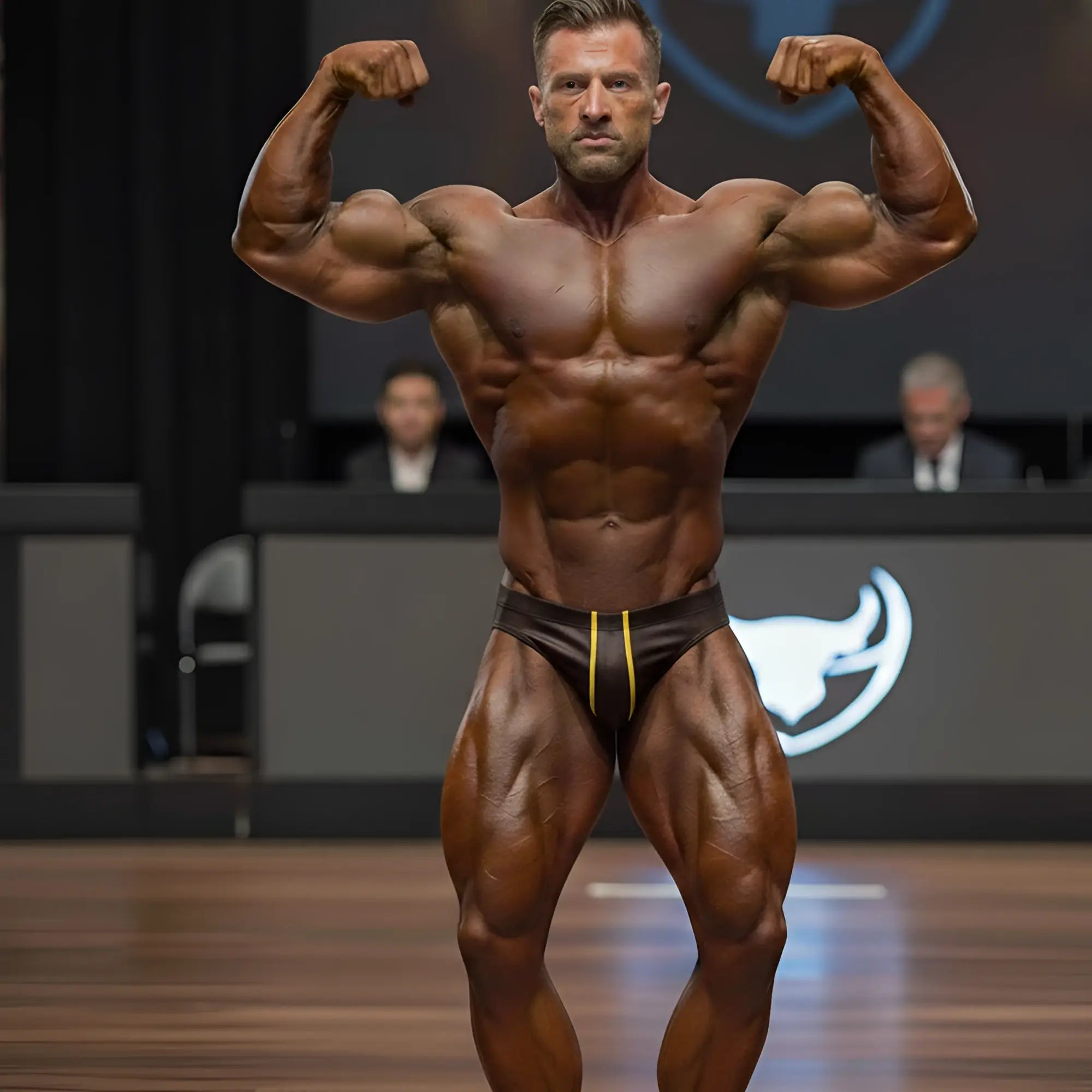 A muscular male bodybuilder wearing MetroMaleWear Masculino swim bikini in black with yellow side stripes