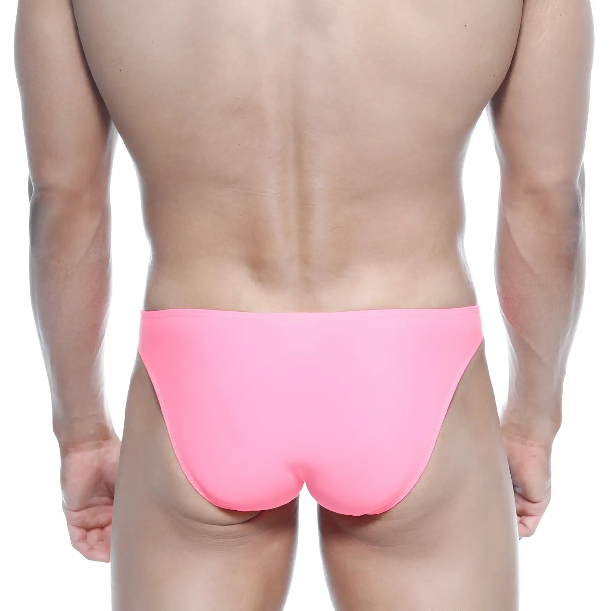 Bright pink sleek form-fitting swim trunks by metromalewear max bulge bikini fuchsia 6007-02 for swim use