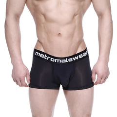 Black mesh metro male wear max bulge boxer brief with white logo waistband in breathable fabric