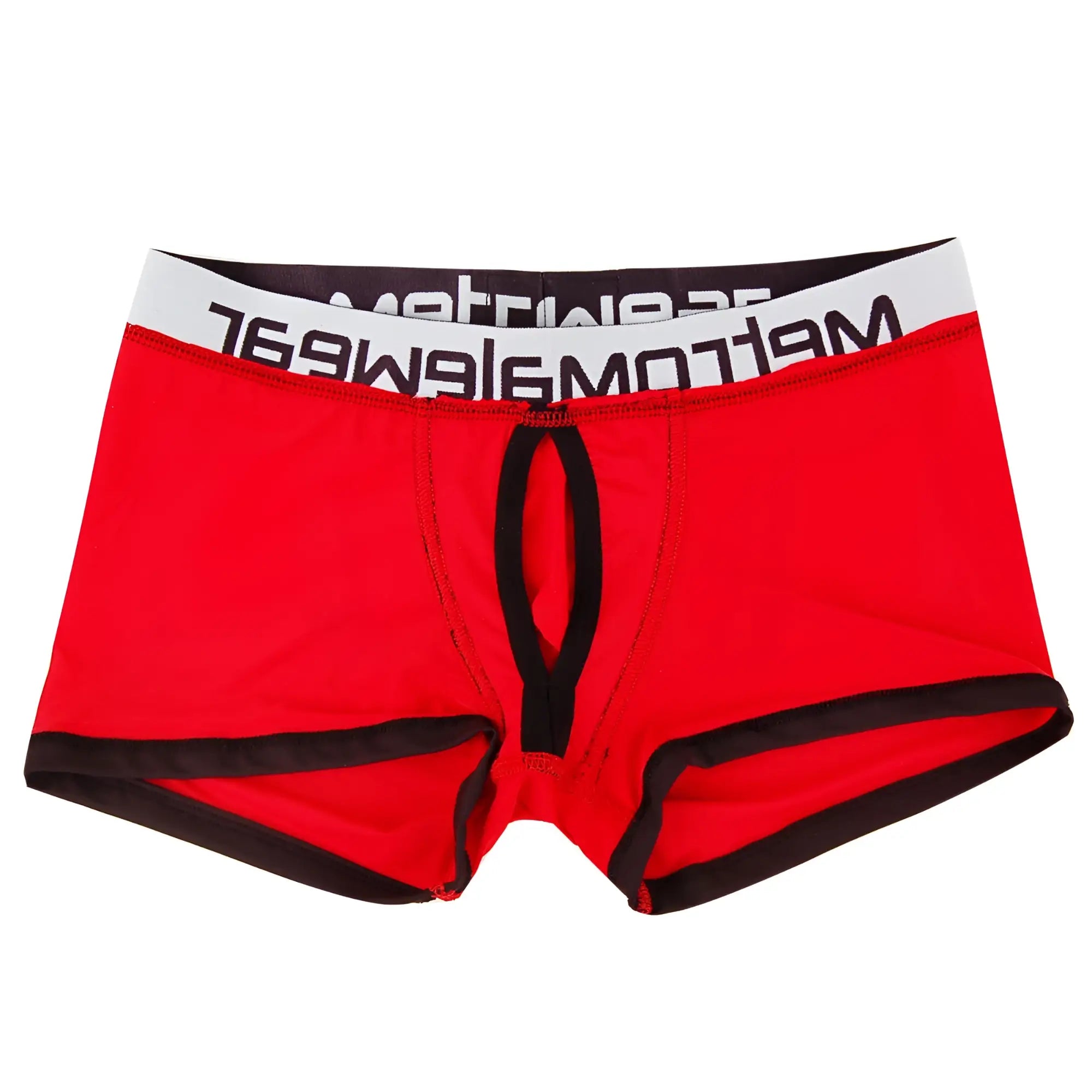 Red mens briefs with black trim and a white waistband featuring the meltomg logo from metromalewear max bulge boxer brief red 1513-12
