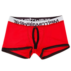 Red mens briefs with black trim and a white waistband featuring the meltomg logo from metromalewear max bulge boxer brief red 1513-12