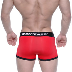 Red metrowear max bulge boxer briefs with black trim and waistband designed for comfort and support