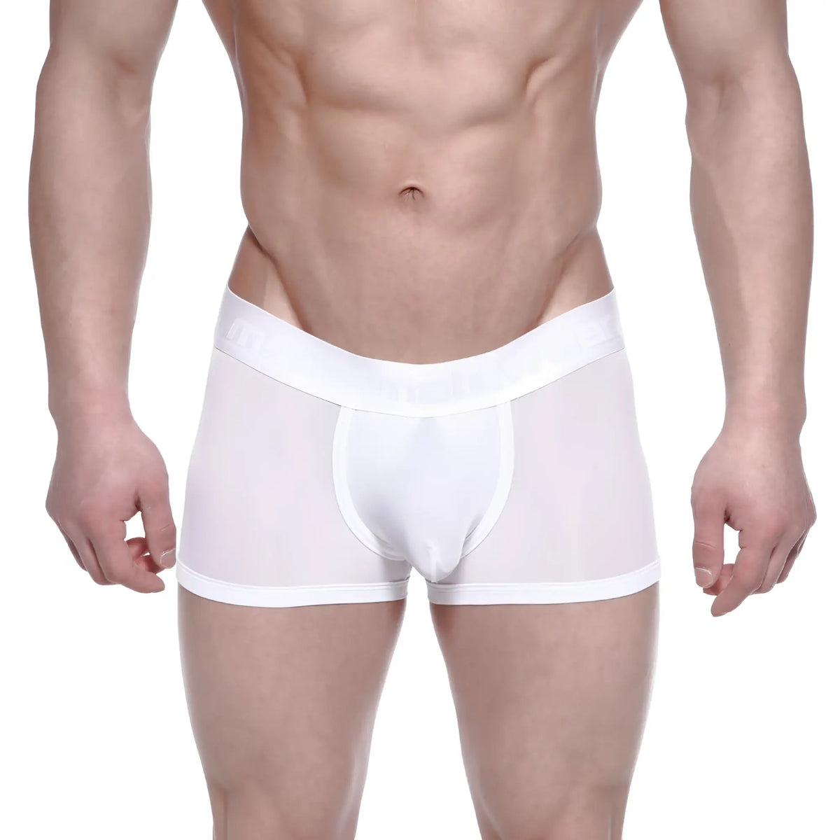 White sheer metro malenwear max bulge boxer briefs with solid white waistband and leg openings