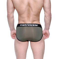 Olive green sheer mesh briefs with black elastic waistband and metrcwear branding from metro malewear max bulge brief 1503-26