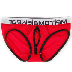 Red mens briefs metroMalewear max bulge brief with black trim and white waistband featuring bold brand lettering